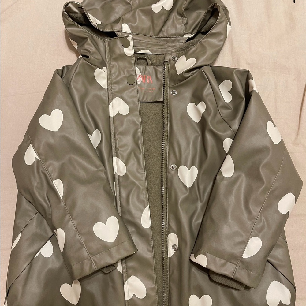 Zara Green and White Raincoat with Heart Pattern